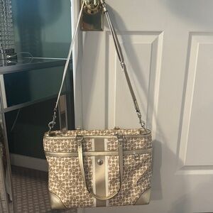 Coach Tan/Gold and cream tote with removable long adjustable strap